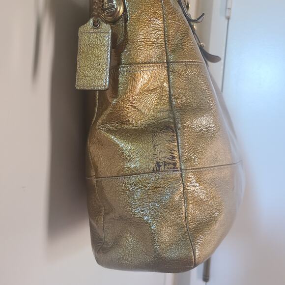 Coach Metallic Gold Patent Leather Tote Bag Chain Handles Large Style 14129 - Picture 12 of 16